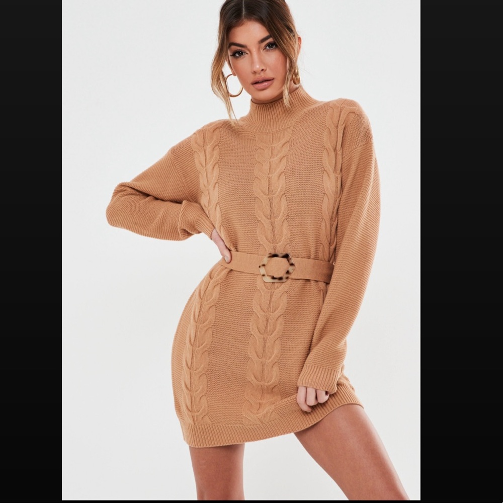 MISSGUIDED Camel belted cable knit dress